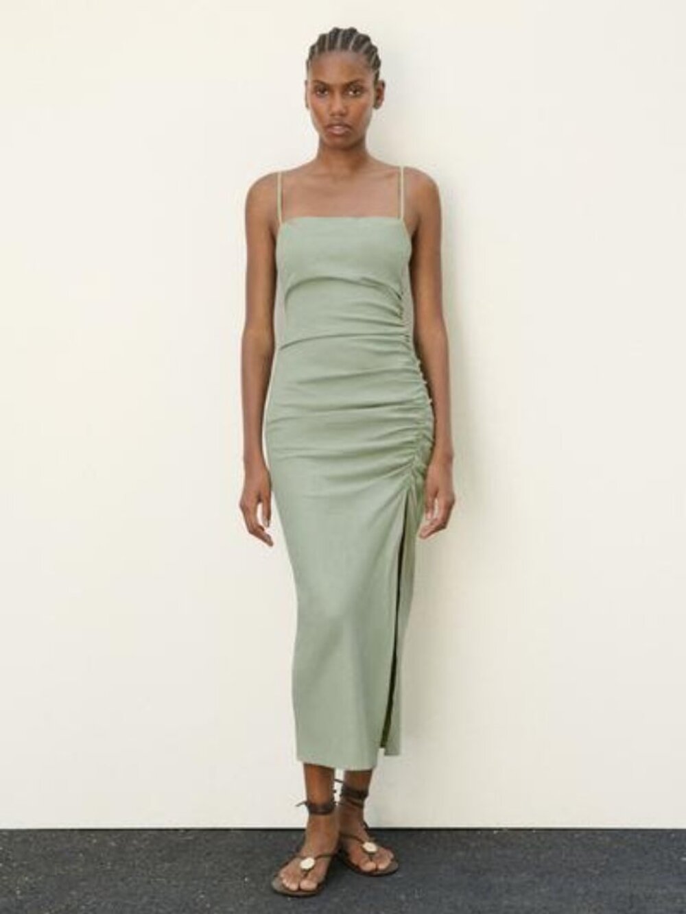 LIGHT GREEN DRAPED MIDI DRESS
